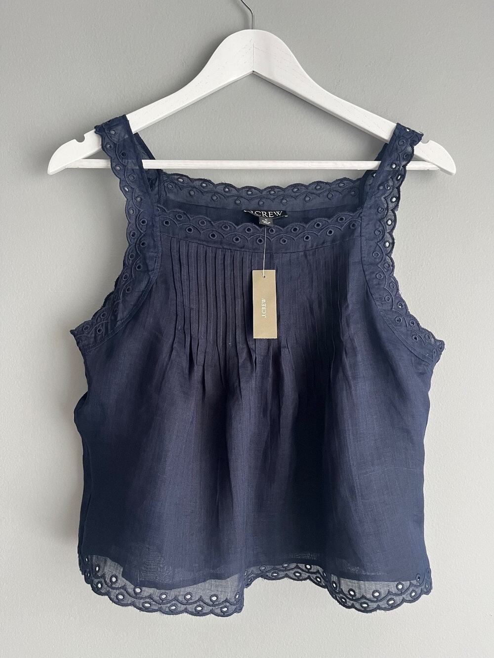 J.Crew NWT $138 Scallop Trim Tank Top 100% Ramie Navy M CV087 Coastal Romantic